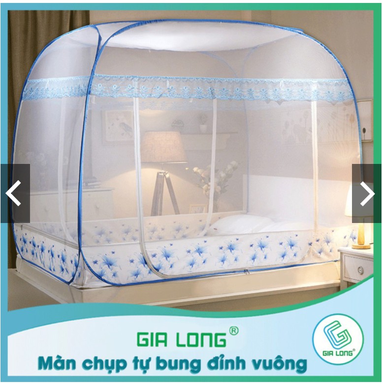 Màn chụp tự bung đỉnh vuông Gia Long - Mẫu mùng chụp tự bung có viền chân chống muỗi tuyệt đối