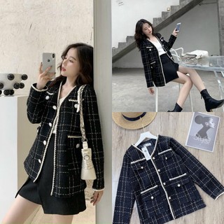 A6713 Áo Dạ Tweed Dáng Dài Phối 4 Túi Sang Trọng, Áo Khoác Nữ Kẻ Nhũ 2 Lớp Dầy Dặn , Chạy Viền Đan Dây Tỉ Mỉ
