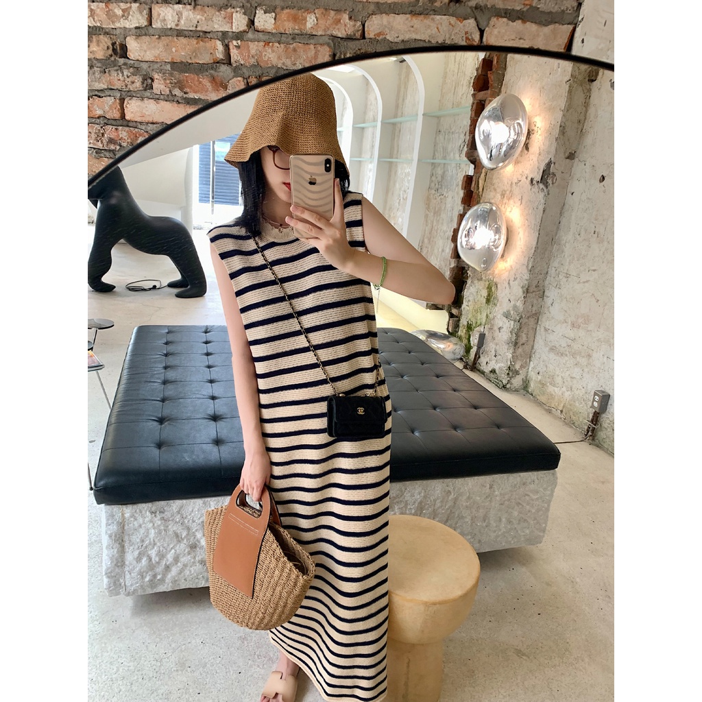 Đầm ZHELIHANGFEI dệt kim sát nách dáng dài kẻ sọc cá tính thời trang xinh xắn cho nữ