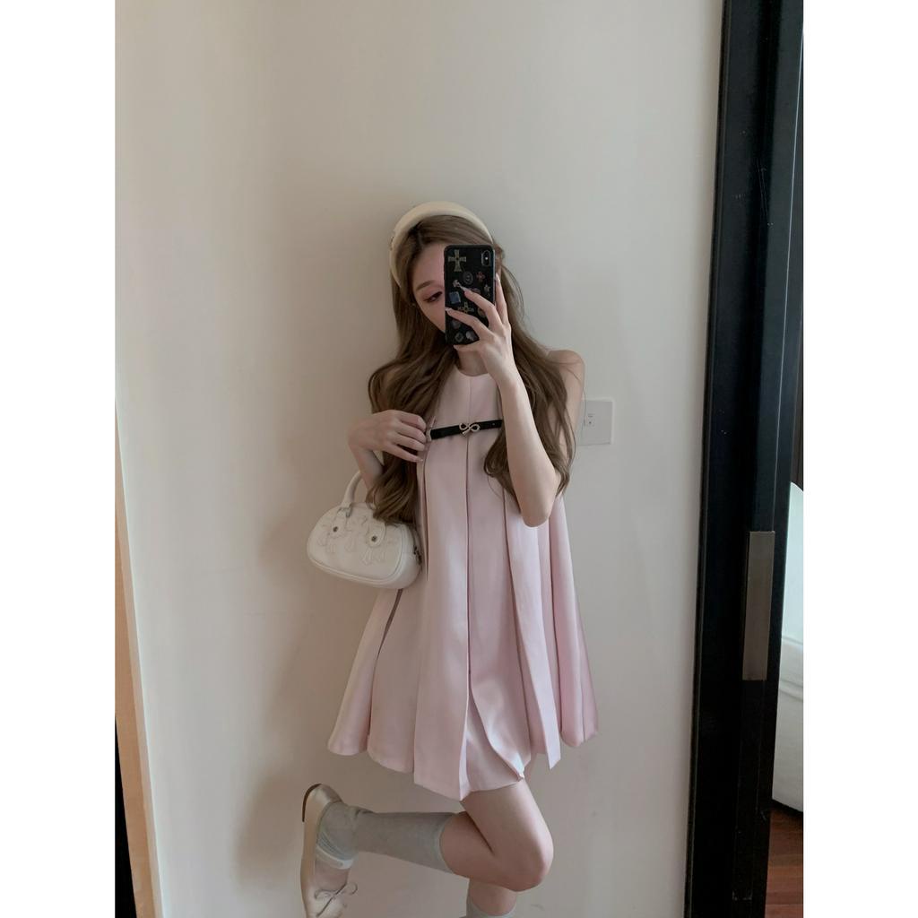 Đầm Xếp Ly Sát Nách Dáng Rộng Màu Hồng Mùa Hè