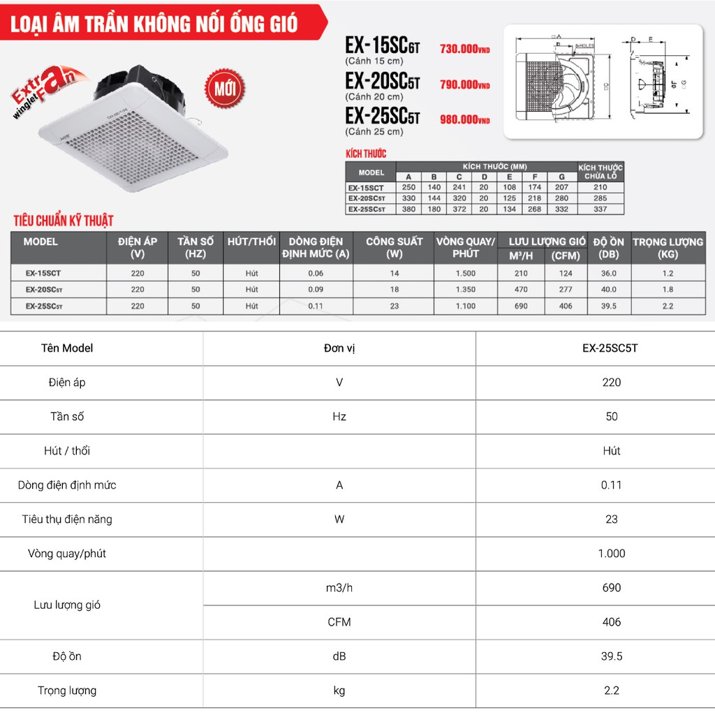 Quạt hút âm trần không nối ống gió Mitsubishi EX-25SC5T 23W Made in ThaiLand