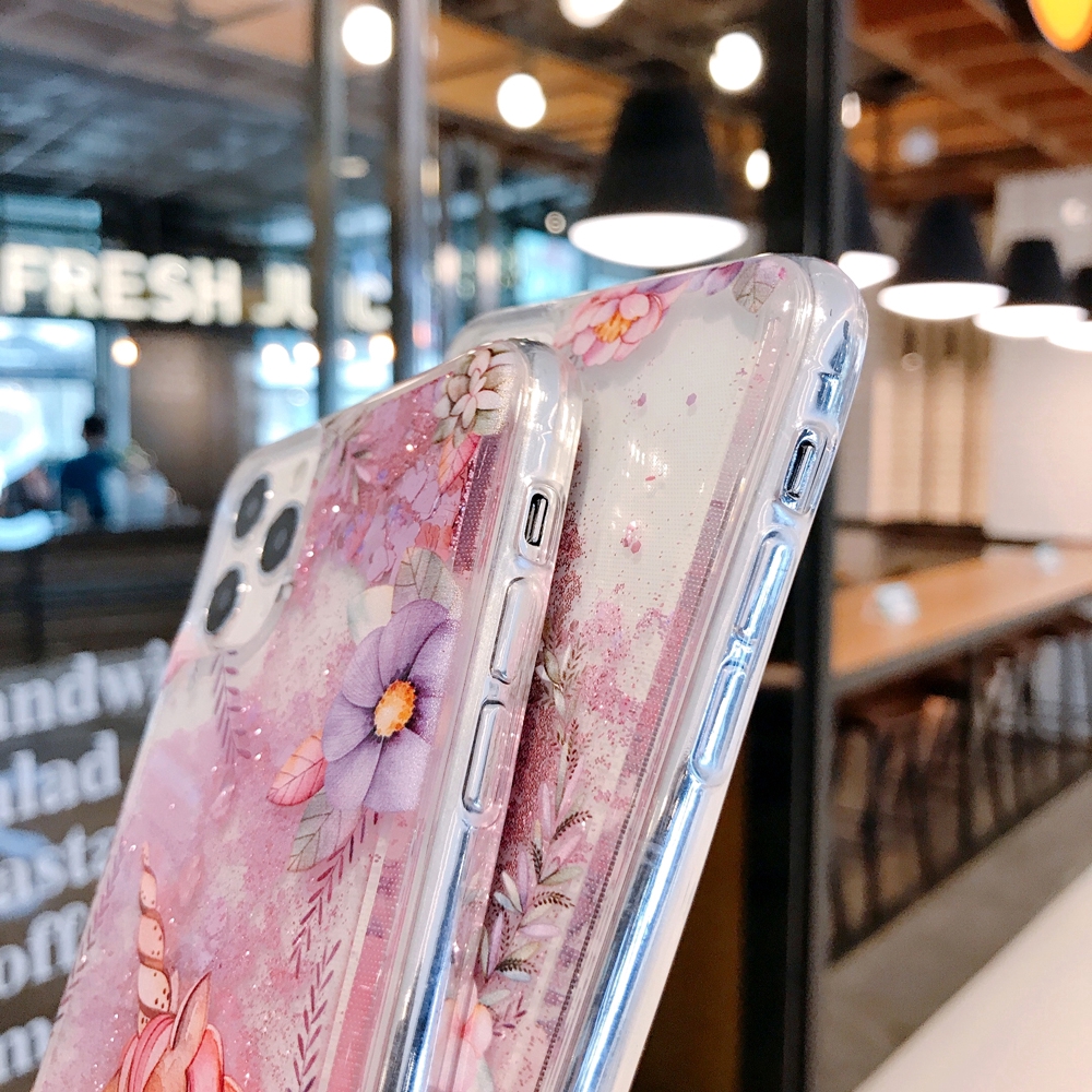 Ốp điện thoại TPU in hình kỳ lân phối kim tuyến nước màu hồng cho iPhone 6 6S 7 8 Plus XS Max XR 12 11 Pro Max SE 2020