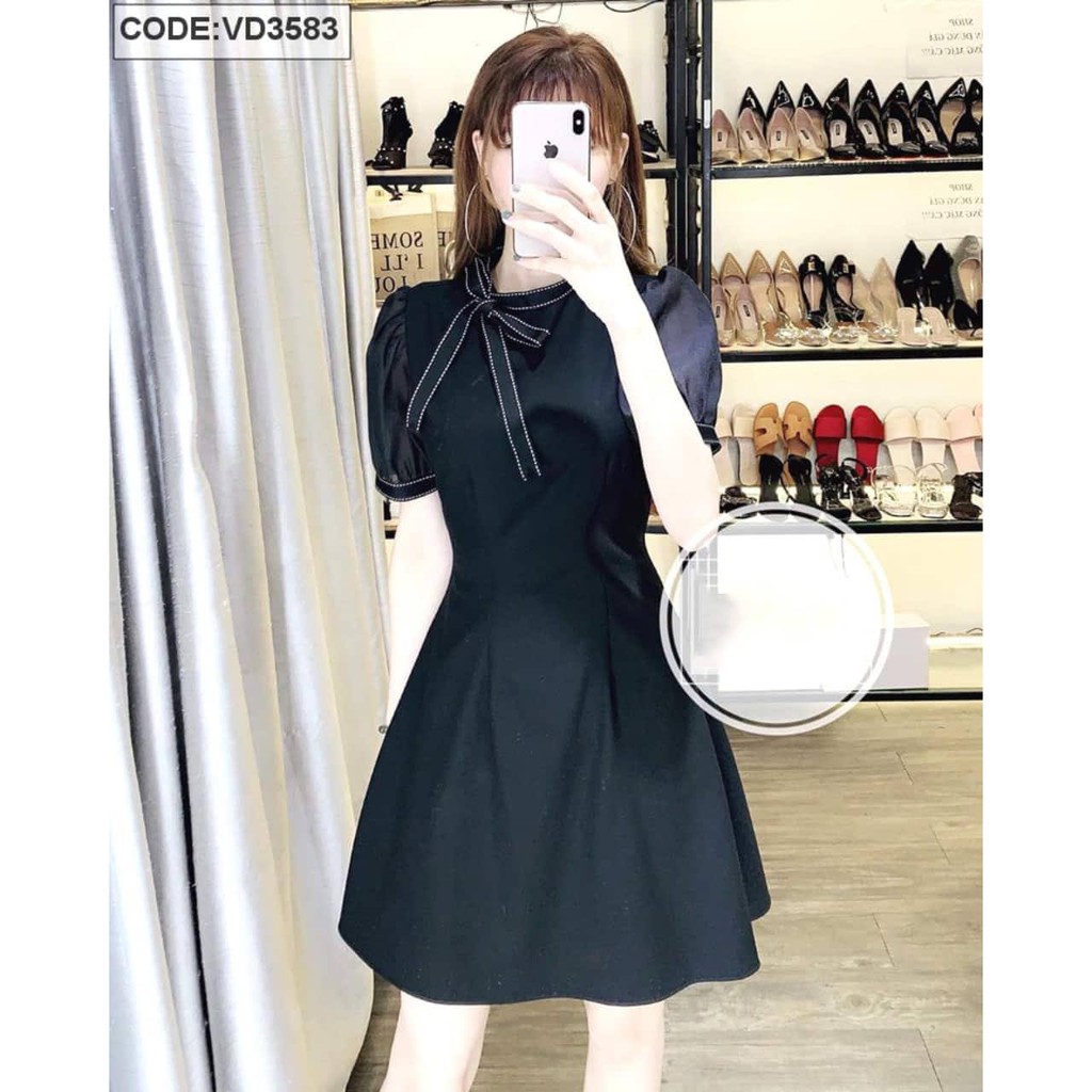 Đầm Đen Tiểu Thư - Đầm Đen Tay Phồng Cổ Thắt Nơ
