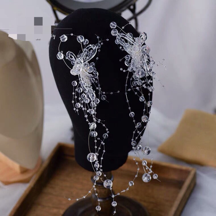 Kẹp Tóc Đính Pha Lê Tua Rua Bên Hông Trong Suốt Phong Cách Mori Nhật Hàn Cho Cô Dâu