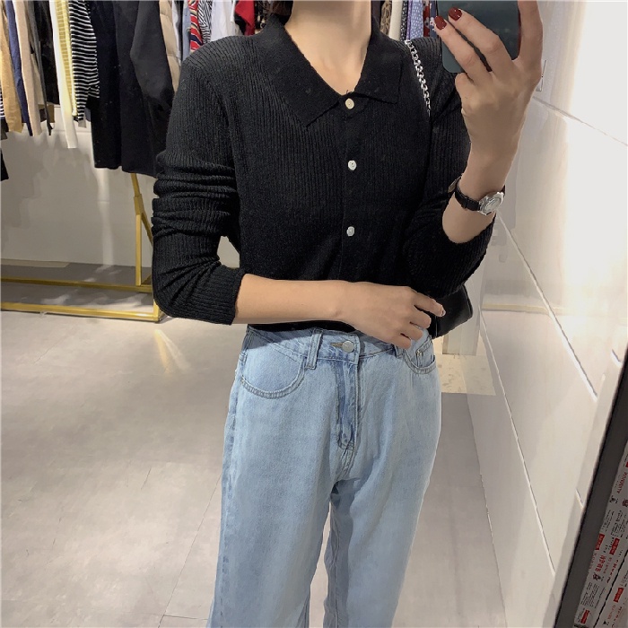 Áo ZHELIHANGFEI vải dệt kim cổ bẻ tay dài phong cách sang trọng