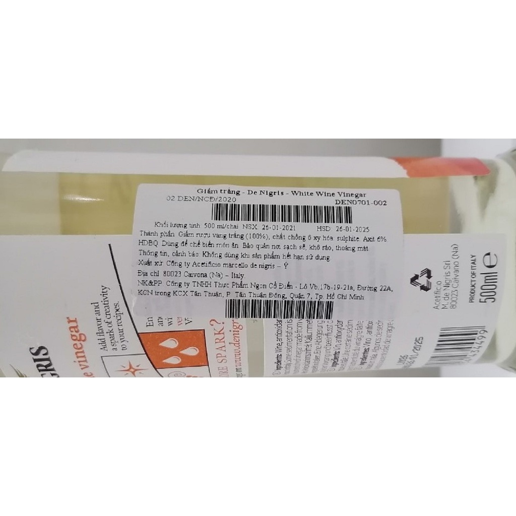 [500ml] GIẤM RƯỢU VANG TRẮNG [Italia] DE NIGRIS White Vinegar (cff-hk)