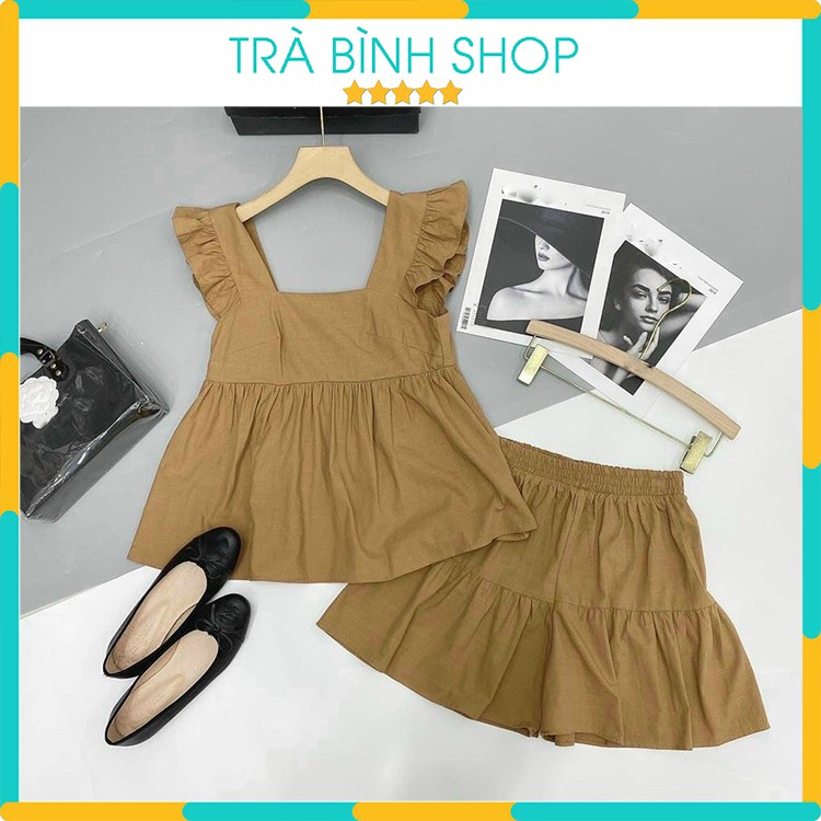 Set Áo Đũi Tay Cánh Tiên Cổ Vuông Kèm Quần Sooc Cạp Chun Đuôi Cá Siêu Mát