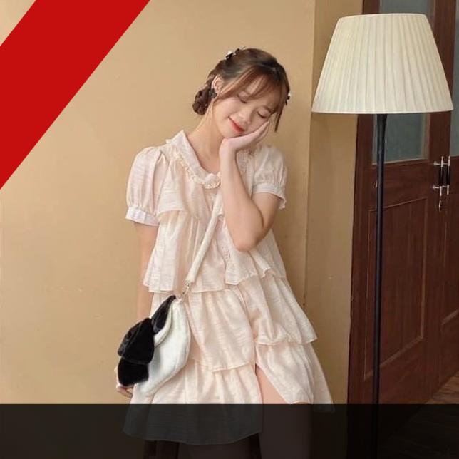 Đầm/Váy babydoll voan tơ cổ sen nude nhiều tầng [Kèm ảnh thật]