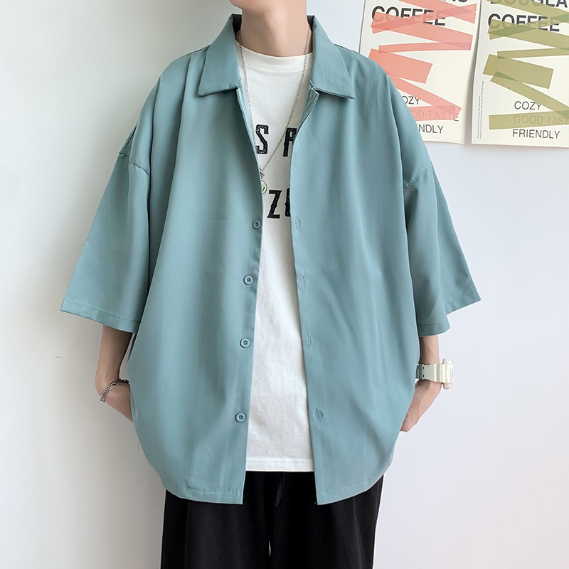 Áo sơ mi nam tay ngắn dáng rộng màu trơn phong cách Hàn Quốc thời trang mùa hè năng động
