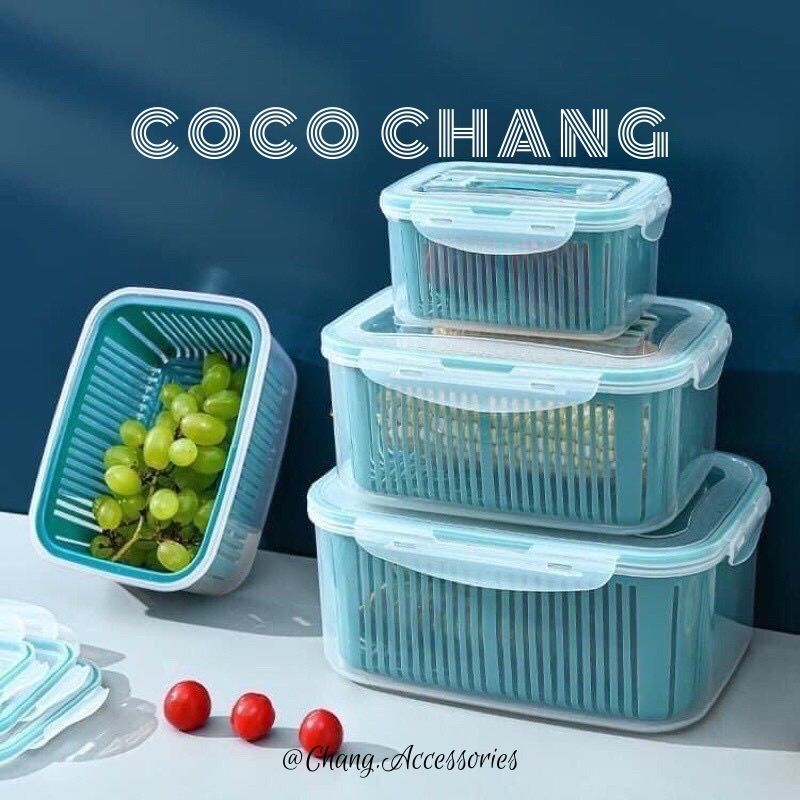 Set 5 hộp thực phẩm 2 lớp, hộp đựng đồ bảo quản tủ lạnh đa năng có nắp đậy kèm rổ cao cấp - cocochang