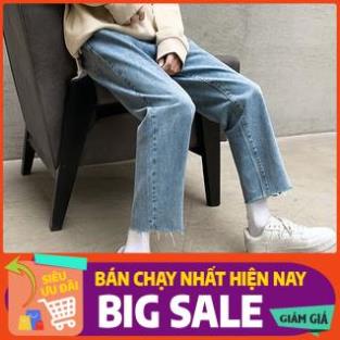 TẾT Quần jean baggy xanh nam, nữ ống rộng rách gấu, dáng suông, không phai màu-A03
