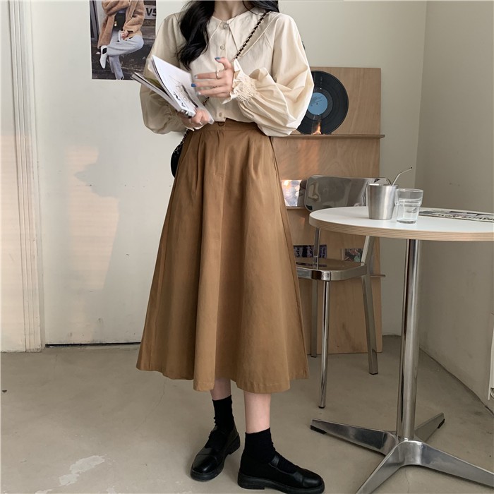 Chân váy vintage kaki dáng dài trơn thanh lịch