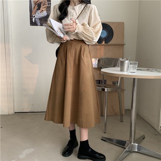 Chân váy vintage kaki dáng dài trơn thanh lịch