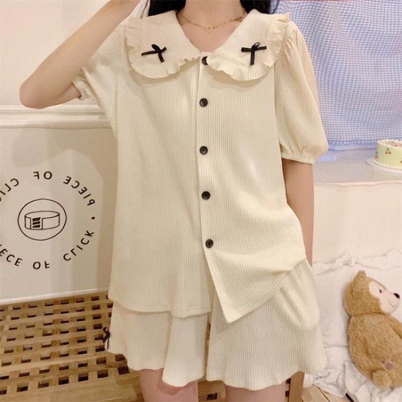 Đồ ngủ thun gân form rộng cộc tay dễ thương ( CÓ SẴN )
