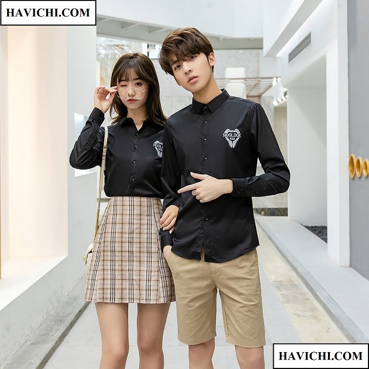 Áo sơ mi nam nữ 𝗙𝗥𝗘𝗘𝗦𝗛𝗜𝗣 - Sơ mi cặp đôi nam nữ đen unisex hoolook cặp đôi, mềm mịn, không nhăn, thoáng mát