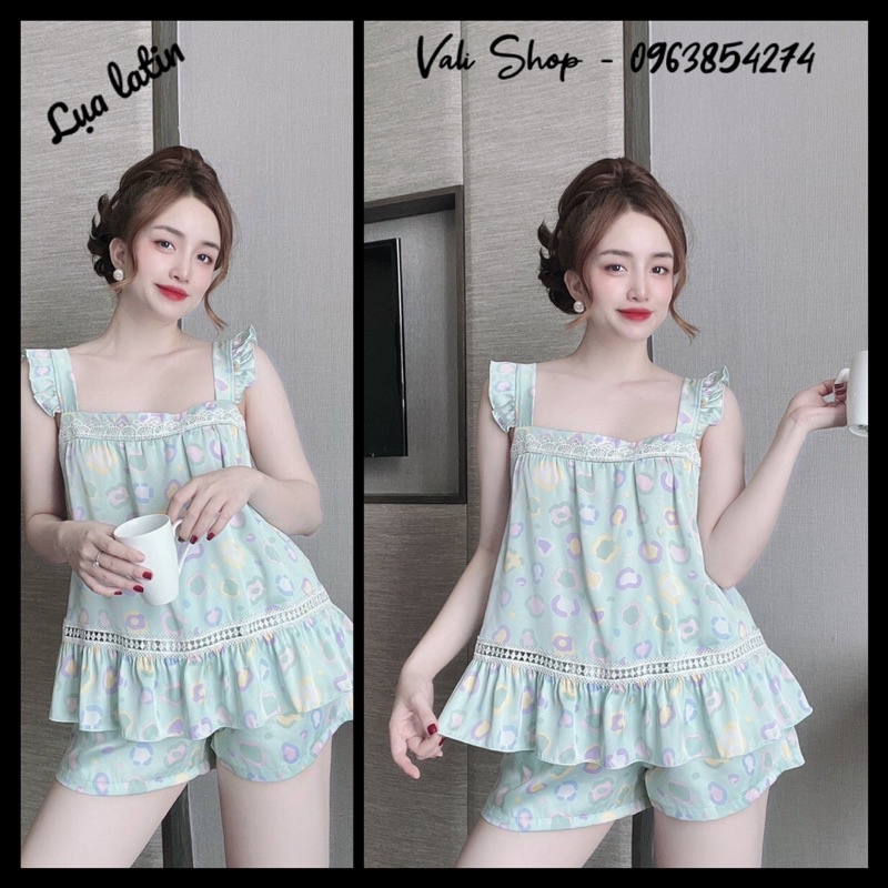 Bộ ngủ mặc nhà lụa latin tay cánh tiên nhí hoạ tiết dễ thương