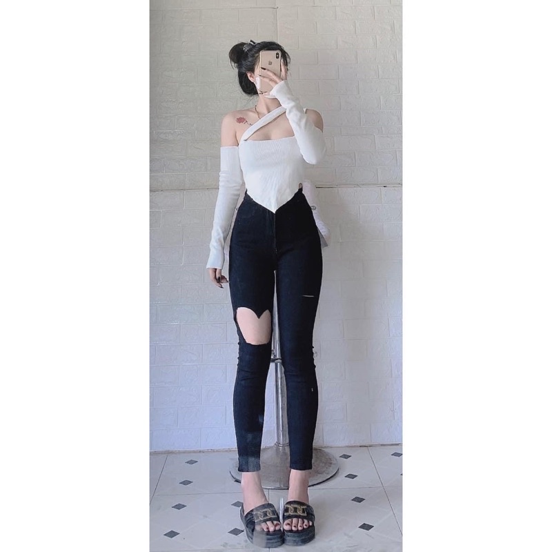 Quần jeans dài lưng cao co giãn rách ô tim🔥