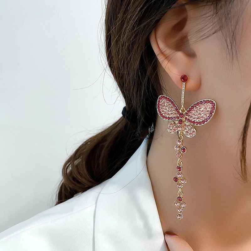 Bông Tai Dáng Dài Phối Tua Rua Hình Bướm Đính Kim Cương Màu Bạc Phong Cách Hàn Quốc Thời Trang Mới 2021 Cho Nữ