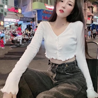 [ẢNH CHỤP THẬT] Áo croptop dài tay chân quấn bèo 2 màu đen, trắng