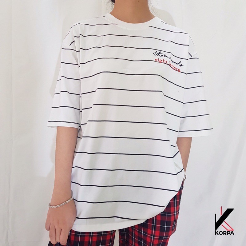 [ Ảnh Thật ] Áo thun tay lỡ form rộng sọc thêu Three words Eight Letter - Unisex nam nữ đều mặc được