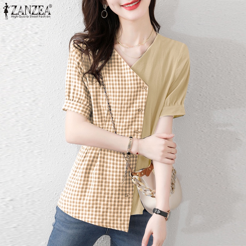 Zanzea Áo Sơ Mi Tay Ngắn Cổ Chữ V Họa Tiết Kẻ Ô Thanh Lịch Dành Cho Nữ