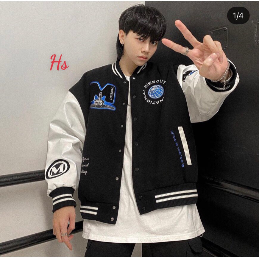 Áo Khoác Bomber chữ M Phối tay  da  bomber bóng chày basic nam nữ form rộng