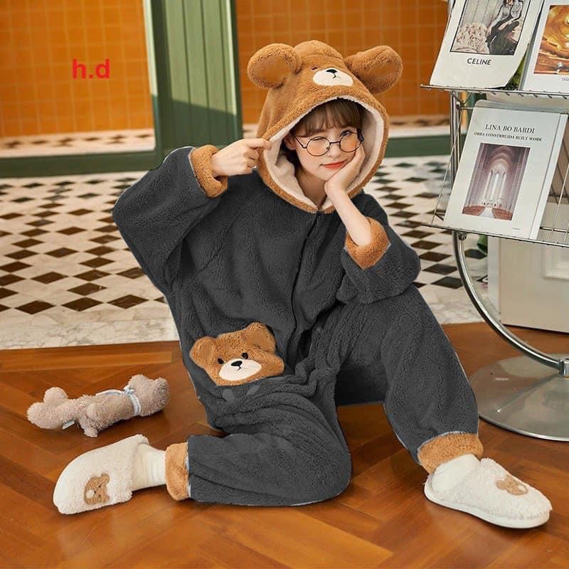 Bộ ngủ lông liền thân gấu xám siêu kute dễ thương ,đồ mặc nhà ấm áp mùa đông hàn quốc ulzzang- NENEFASHION