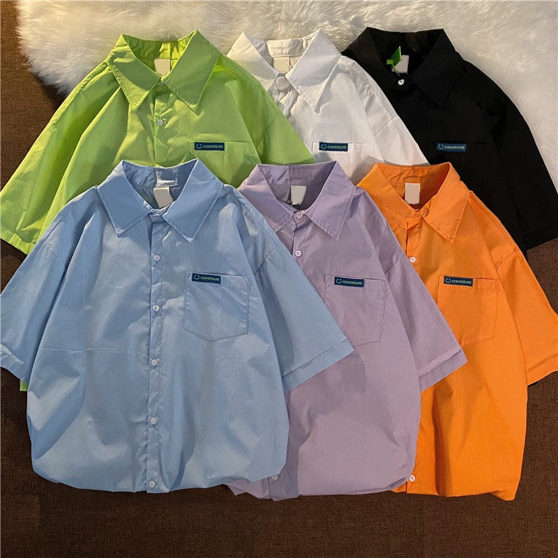 Áo sơ mi tay ngắn màu sắc retro phong cách Hàn Quốc cho nữ