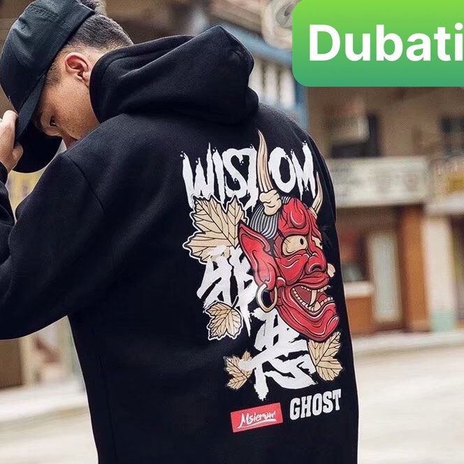 Áo Khoác Nỉ - Aos Hoodie Tay Dai From Rộng Phối Nón Kiểu Mới Mặt Quỷ Đỏ Đầu Sừng- DUBATI FASHION