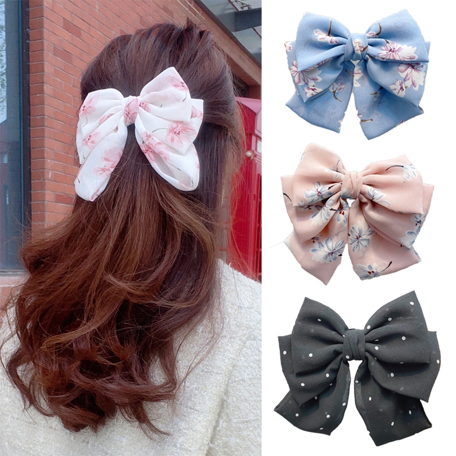 Kẹp Tóc Nơ Vải Chiffon Họa Tiết Đa Dạng Thời Trang Cho Nữ