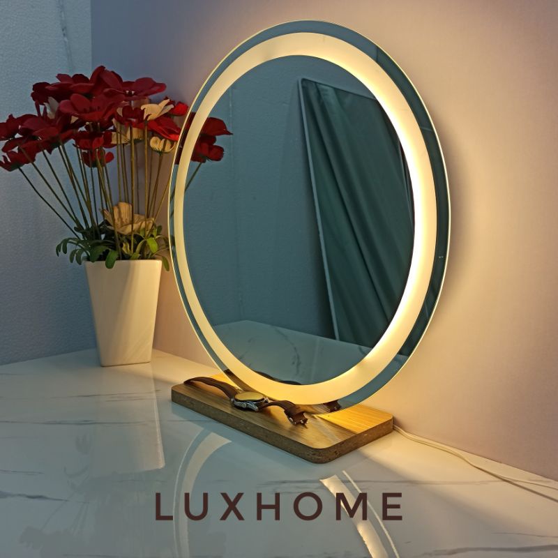 Gương Để Bàn LED Tròn Fi 40cm Chân Gỗ LUXHOME