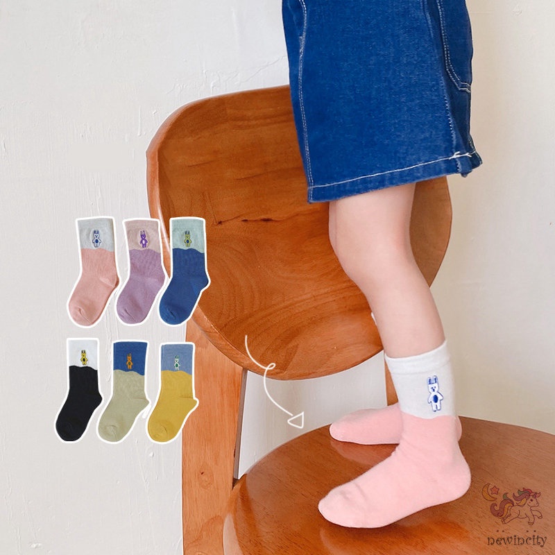 Set 3 Đôi Vớ Thêu Họa Tiết Hoạt Hình Nhiều Màu Sắc Phong Cách Hàn Quốc Cho Bé