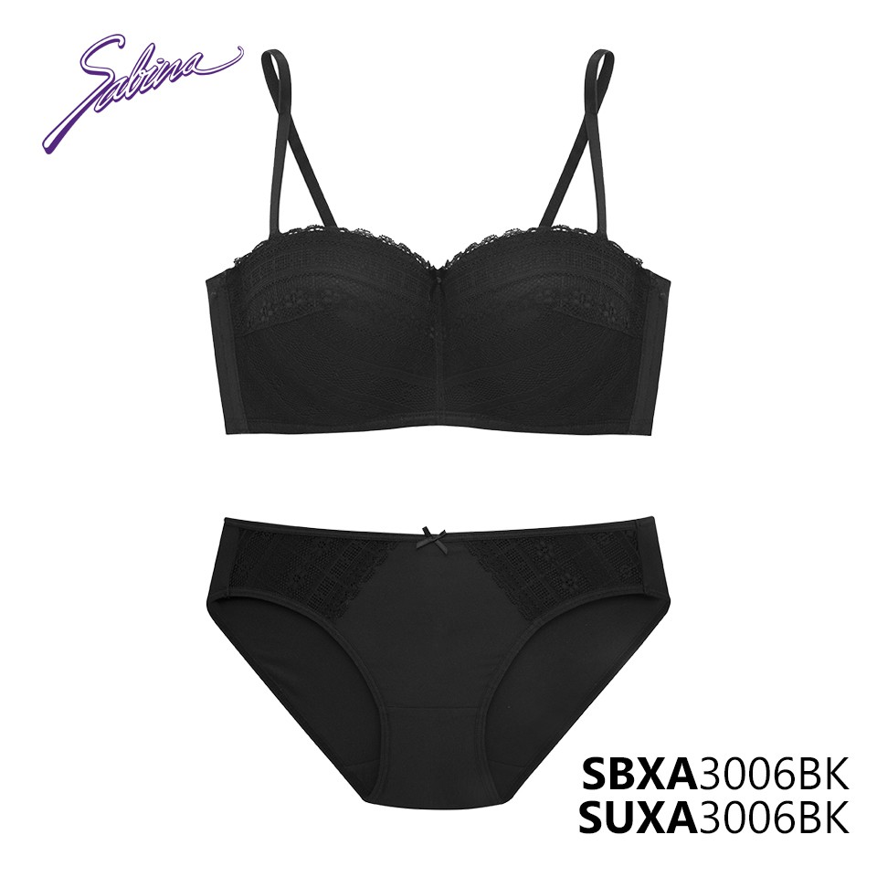 Combo Áo Lót Cúp Ngang Mút Dày Nâng Ngực Phối Ren Và Quần Đồng Bộ Màu Đen Doomm Doomm By Sabina SBXA3006BK+SUXA3006BK