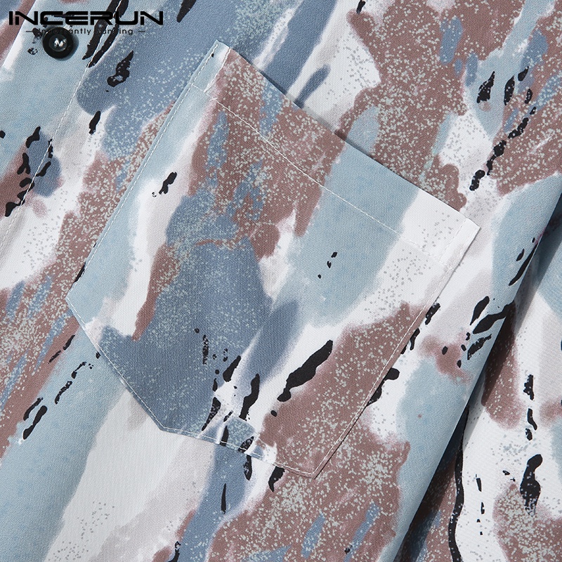 Áo sơ mi INCERUN cổ bẻ tay lỡ in họa tiết phong cách cổ điển cho nam