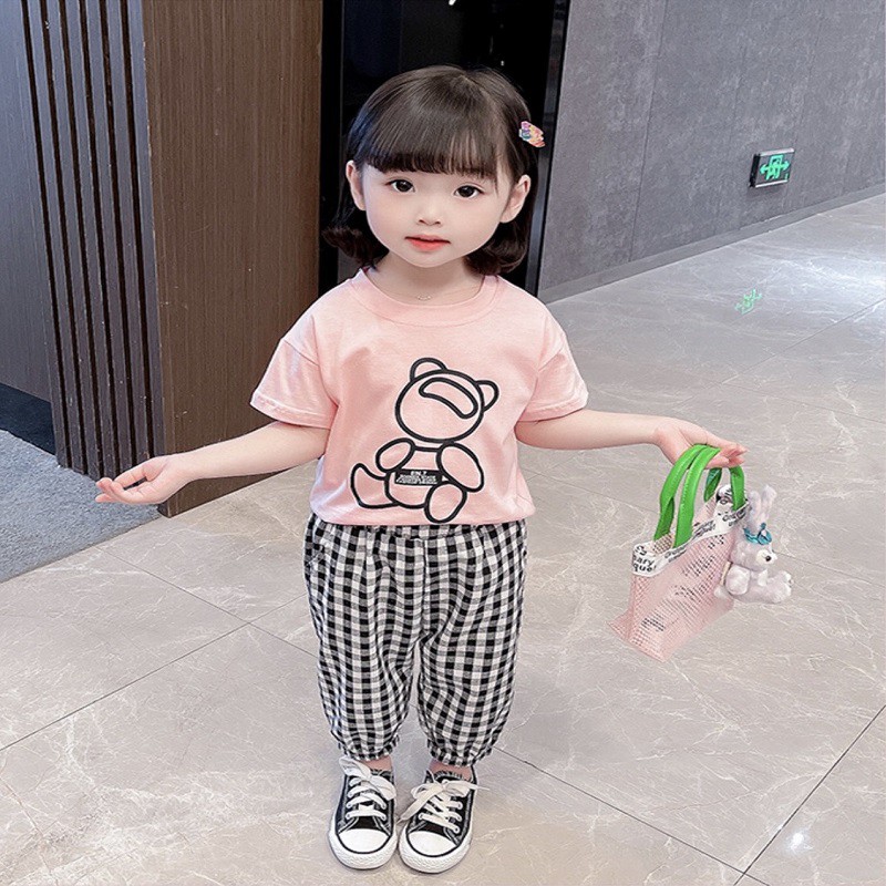 Bộ đồ bé gái Con Xinh cotton gấu Baby, set quần áo trẻ em 5 đến 14 tuổi