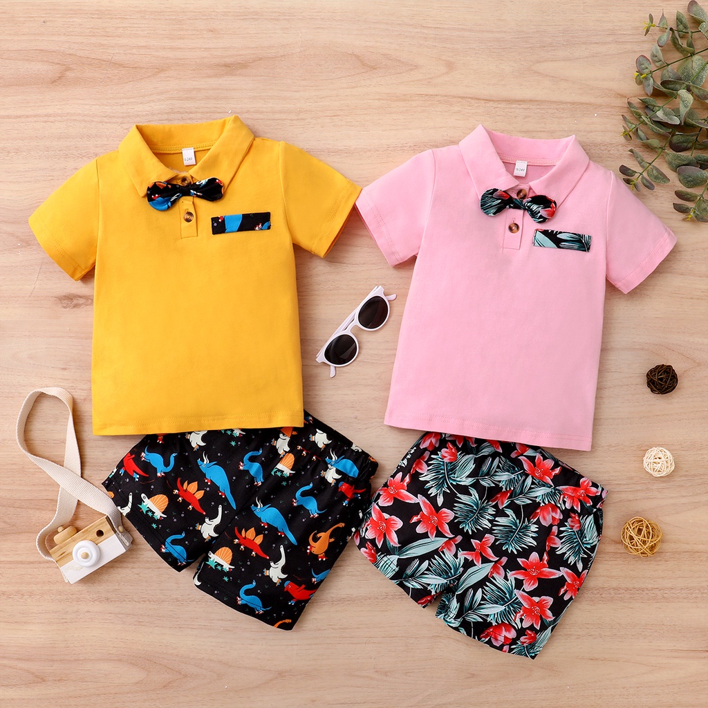 Set Đồ Mùa Hè 2 Món Gồm Áo Thun Tay Cộc In Hoa Thắt Nơ Cài Nút + Quần Ngắn Thời Trang Cho Bé Trai/Bé Gái 1-6 Tuổi