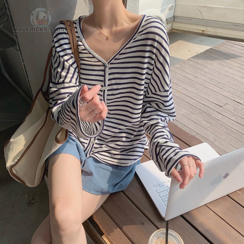 Áo cardigan cổ chữ V dáng rộng họa tiết kẻ sọc phong cách Hàn Quốc thời trang mùa hè cho nữ