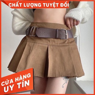 Chân váy xếp ly dáng chữ A màu nâu tặng kèm đai phong cách retro
