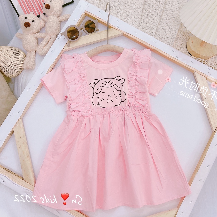 Váy cotton quảng châu phối thô mềm cao cấp cho bé gái 8-20kg