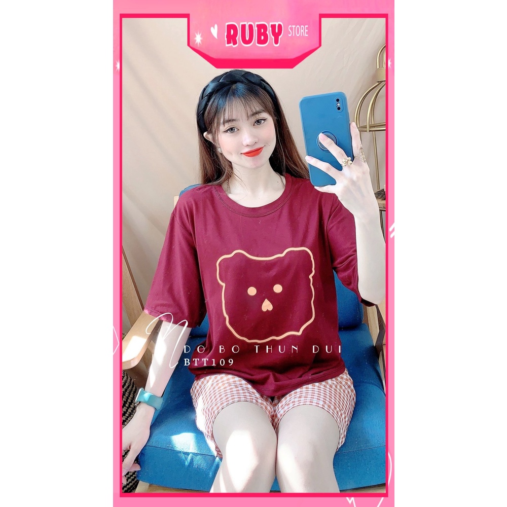 Đồ bộ nữ mặc nhà chất thun mềm mịn mát in hình gấu phối quần caro dễ thương BTT109