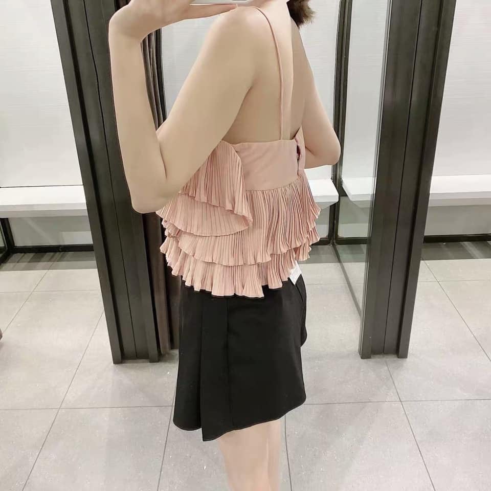 Áo nữ 2s hai dây xếp tầng màu hồng phối bèo
