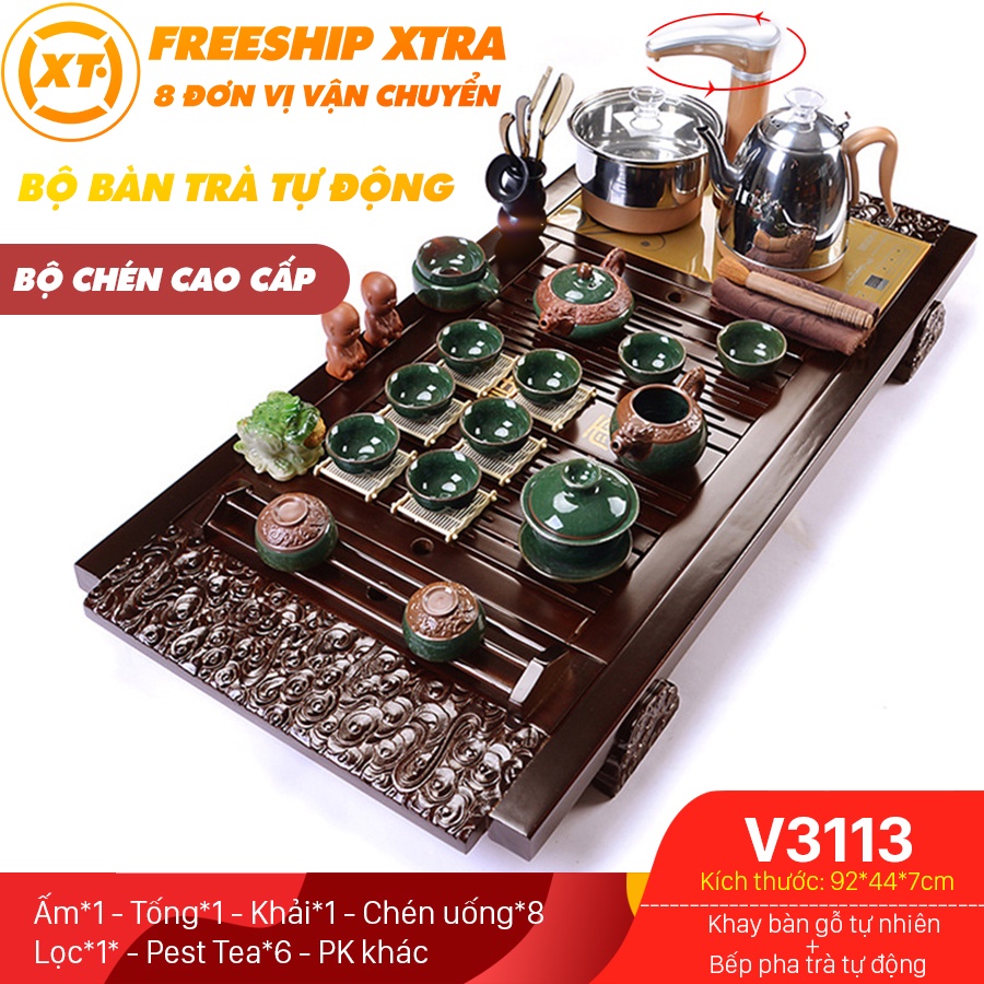 Bàn trà điện thông minh gỗ tự nhiên - Bộ bàn trà điện tử giá rẻ trạm hoa màu cánh gián ấm chén xanh ngọc họa tiết rồng