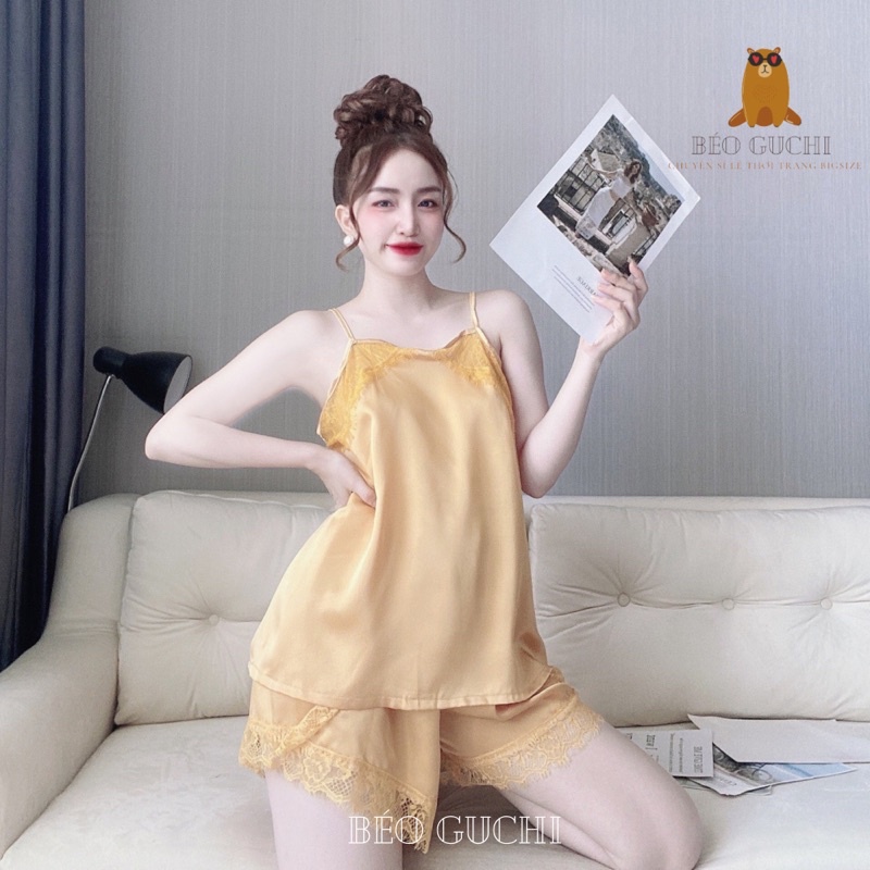 Đùi 2 dây 50-110kg K12DAY Béo Guchi Pijama Bigsize Lụa satin cao cấp - Đồ bộ nữ mặc nhà