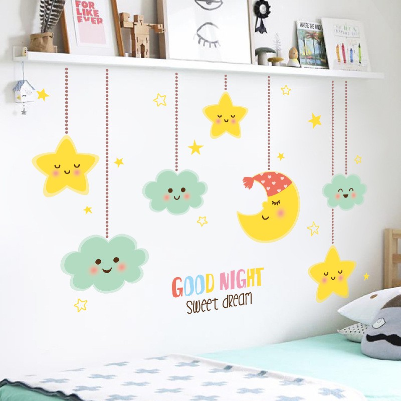 Decal trang trí phòng ngủ cho bé dán tường chúc bé ngủ ngon kích thước 113x78cm