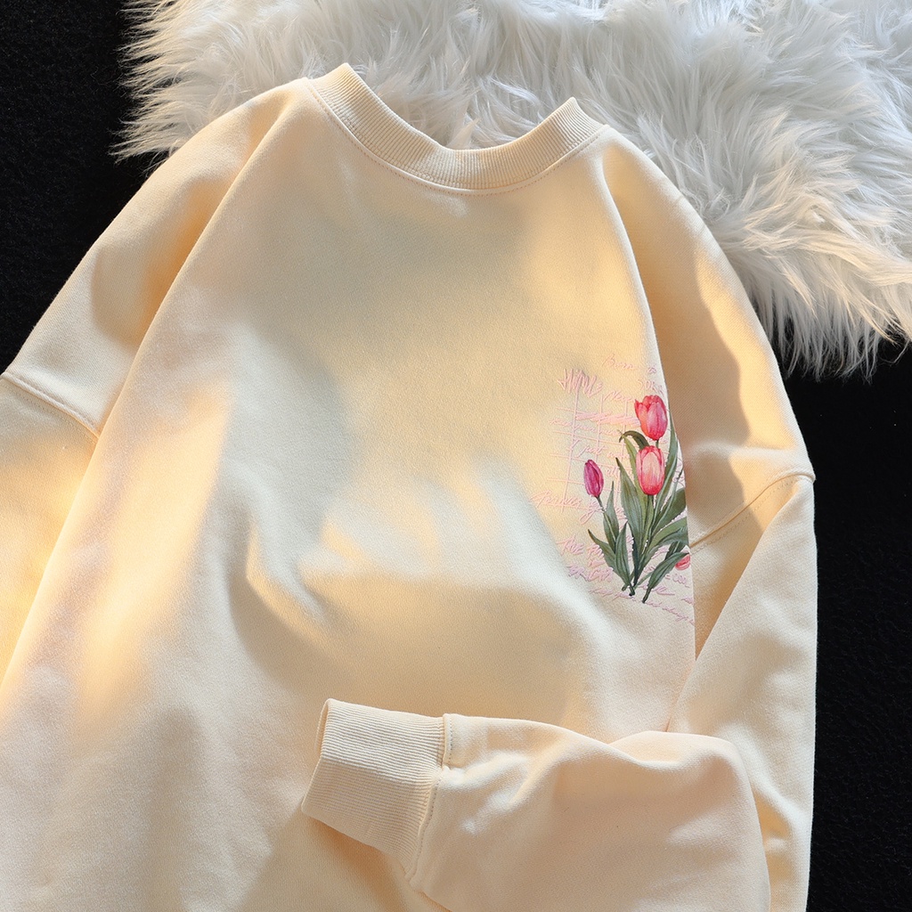 Áo sweatshirt ZHELIHANGFEI tay dài in họa tiết hoa tulip phong cách đi học dễ phối đồ ngọt ngào dành cho nữ