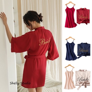 Áo choàng ngủ/Đầm ngủ vải lụa satin lạnh in chữ bridal thời trang cho nữ size S-2XL