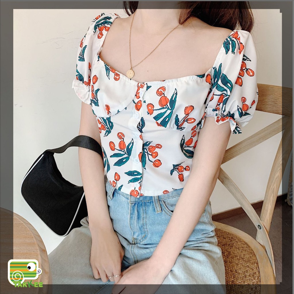 Sơ mi croptop họa tiêt hoa hot trend hàng Quảng Châu đẹp