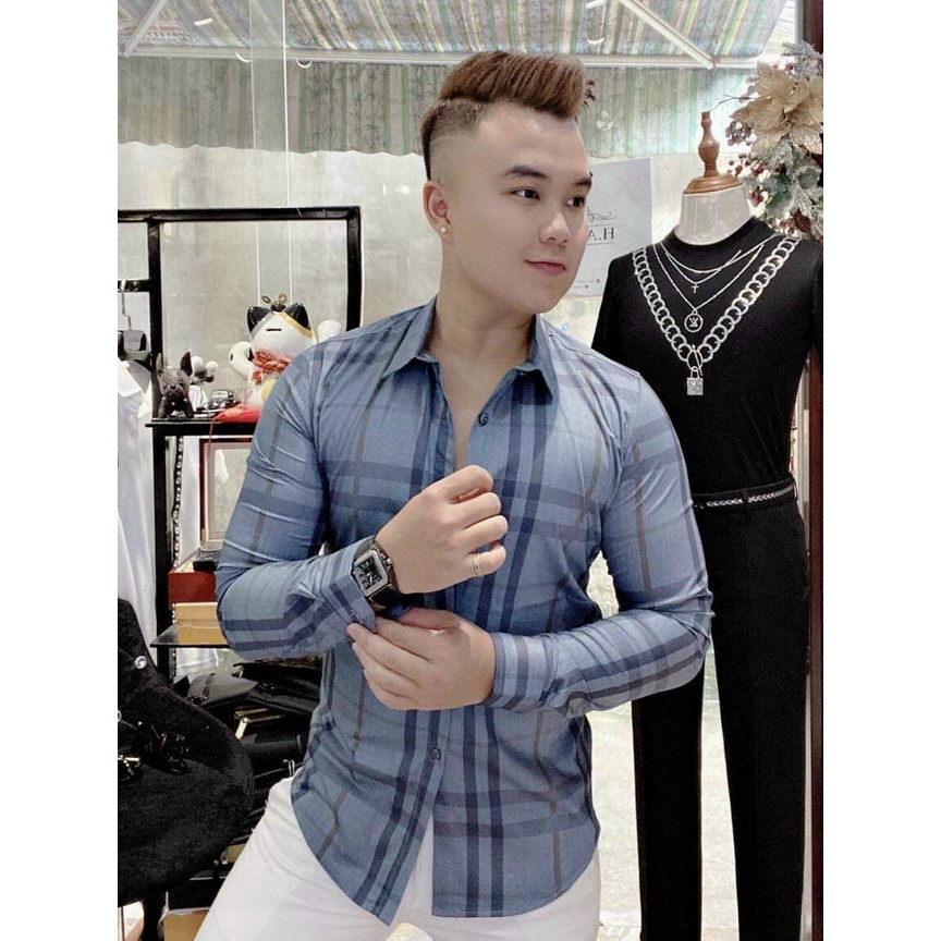 Áo sơ mi nam sọc caro 3D cao cấp from dáng Hàn Quốc tay dài tạo body đẹp