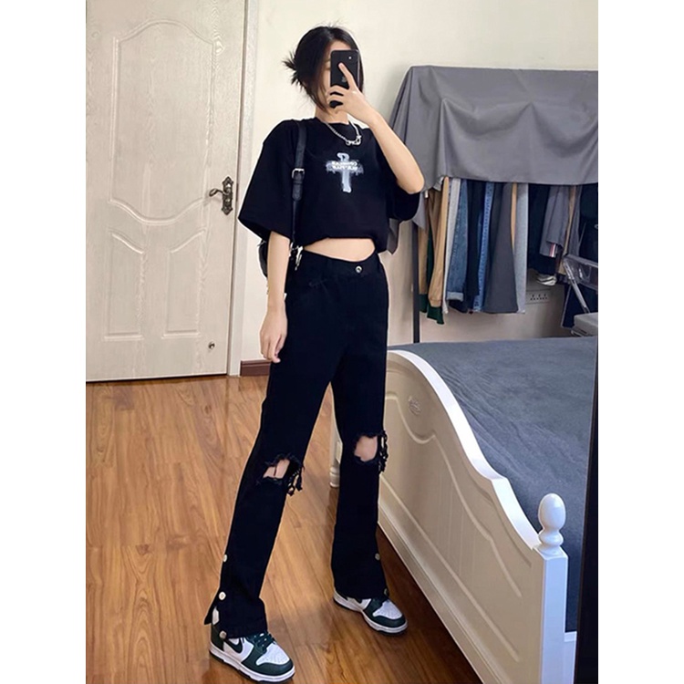 Quần jean ZHELIHANGFEI lưng cao dáng rộng dài cỡ lớn xẻ tà phong cách thời trang đường phố cá tính