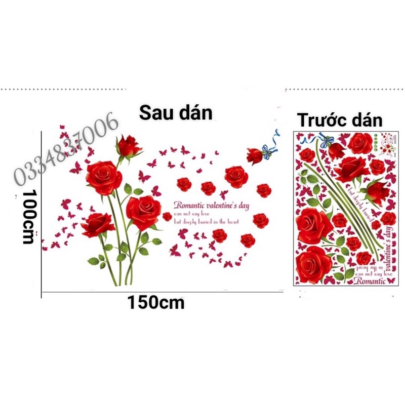 Decal dán tường hoa hồng đỏ trang trí phòng ngủ.
